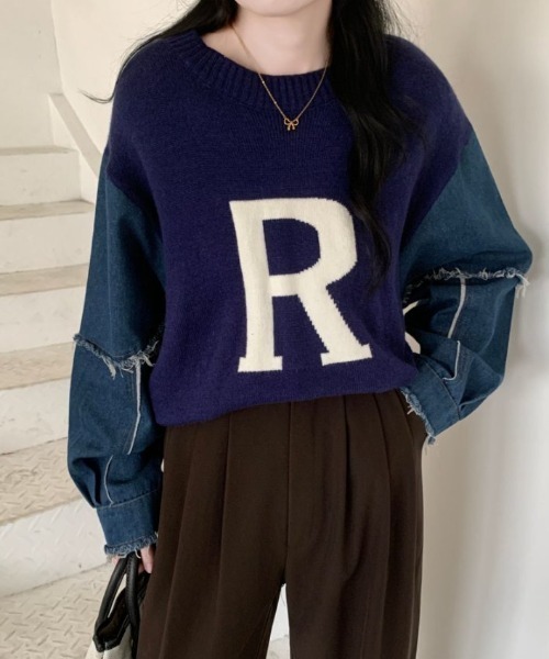 ABITOKYO(アビトーキョー)の「袖デニム切替ロゴジャガードプルオーバー(ニット/セーター・レディース・ブラック/アイボリー/ブルーグリーン・FREE)」の3枚目の写真