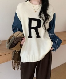 袖デニム切替ロゴジャガードプルオーバー