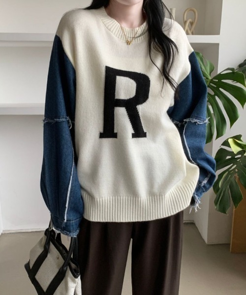 ABITOKYO(アビトーキョー)の「袖デニム切替ロゴジャガードプルオーバー(ニット/セーター・レディース・ブラック/アイボリー/ブルーグリーン・FREE)」の10枚目の写真