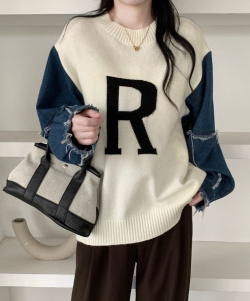 ABITOKYO(アビトーキョー)の「袖デニム切替ロゴジャガードプルオーバー(ニット/セーター・レディース・ブラック/アイボリー/ブルーグリーン・FREE)」の8枚目の写真