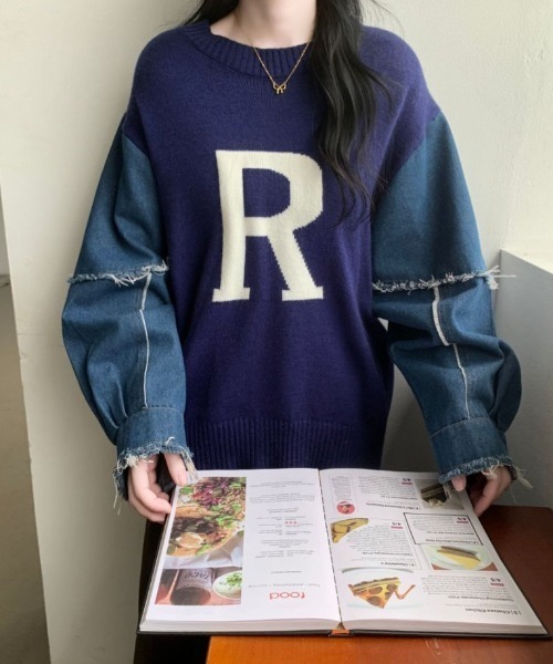 ABITOKYO(アビトーキョー)の「袖デニム切替ロゴジャガードプルオーバー(ニット/セーター・レディース・ブラック/アイボリー/ブルーグリーン・FREE)」の14枚目の写真