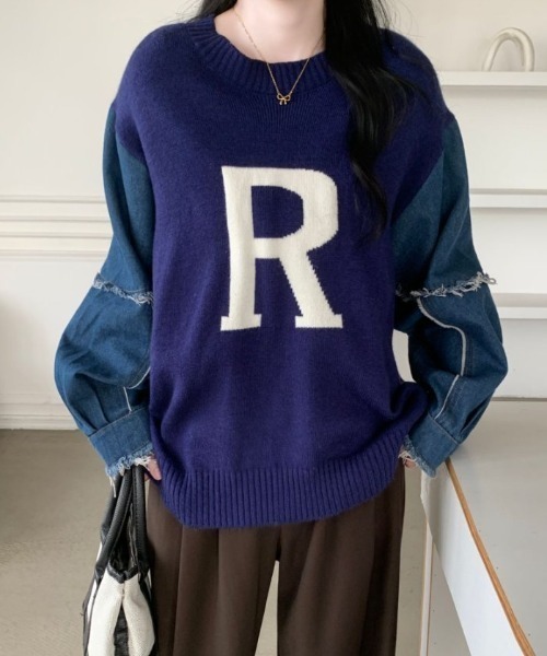 ABITOKYO(アビトーキョー)の「袖デニム切替ロゴジャガードプルオーバー(ニット/セーター・レディース・ブラック/アイボリー/ブルーグリーン・FREE)」の16枚目の写真