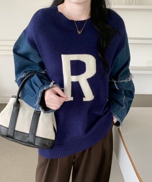 ABITOKYO(アビトーキョー)の「袖デニム切替ロゴジャガードプルオーバー(ニット/セーター・レディース・ブラック/アイボリー/ブルーグリーン・FREE)」の17枚目の写真
