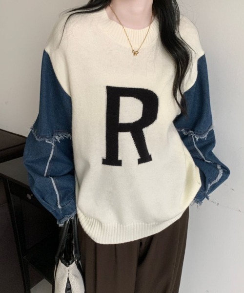 ABITOKYO(アビトーキョー)の「袖デニム切替ロゴジャガードプルオーバー(ニット/セーター・レディース・ブラック/アイボリー/ブルーグリーン・FREE)」の5枚目の写真