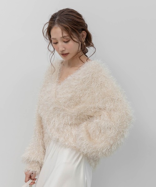 RANDA(ランダ)の「ラメシャギーカシュクールニット(ニット/セーター・レディース・グレー/ピンク/ホワイト/ベージュ・FREE)」の3枚目の写真