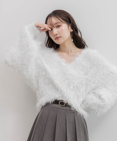 RANDA(ランダ)の「ラメシャギーカシュクールニット(ニット/セーター・レディース・グレー/ピンク/ホワイト/ベージュ・FREE)」の1枚目の写真