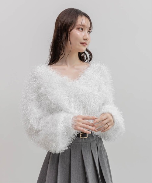 RANDA(ランダ)の「ラメシャギーカシュクールニット(ニット/セーター・レディース・グレー/ピンク/ホワイト/ベージュ・FREE)」の5枚目の写真