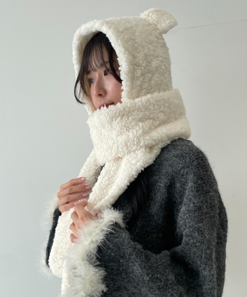 セール】クマ耳付き ミトンデザイン もこもこ ボアマフラー（キャップ