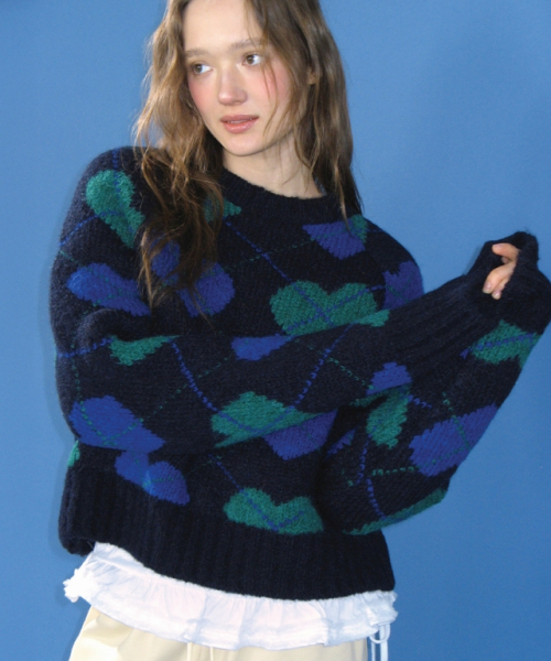 RONRON（ロンロン）の「HEART ARGYLE HEAVY CROP KNIT NAVY（ニット/セーター・レディース・その他・FREE）」の3枚目の写真