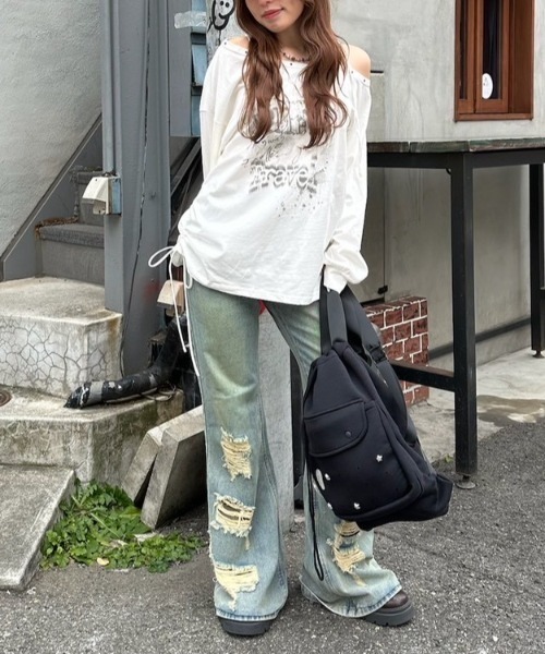 Never mind the XU（ネバーマインドザエックスユー）の「【Never mind the XU】one shoulder long sleeve / 【ネバーマインド ザ エックスユー】ワンショルダー長袖トップス  <着用動画あり>（Tシャツ/カットソー・レディース・ホワイト/グレー・ONE SIZE）」の14枚目の写真