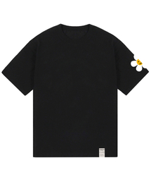 [ユニセックス]ワンサイドホワイトフラワースマイル半袖Tシャツ_ブラック