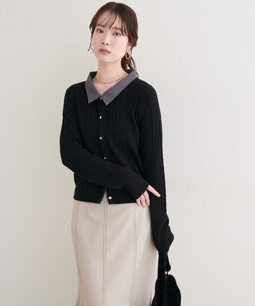 レイヤード風衿付きケーブルカーディガン（カーディガン/ボレロ