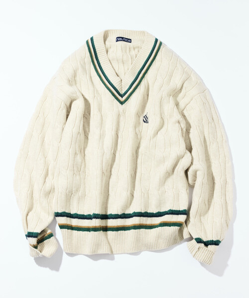 vintageヴィンテージ昭和レトロ古着ケーブル編みチルデンニット NAUTICA（ノーティカ） セーター ニット ヴィンテージライク ケーブル