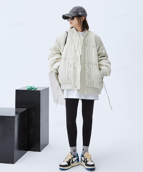 Dalfwin（ダールフィン）の「韓国ファッション 切替デザイン中綿入りブルゾン（ブルゾン・レディース・オフホワイト/ブラック・FREE）」の9枚目の写真
