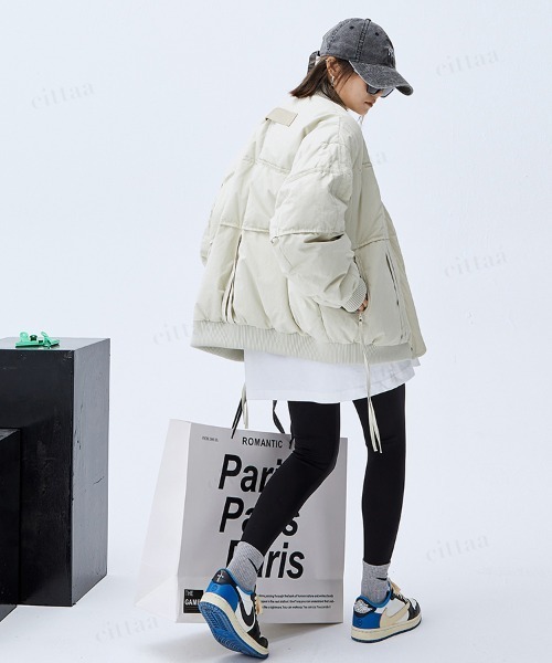 Dalfwin（ダールフィン）の「韓国ファッション 切替デザイン中綿入りブルゾン（ブルゾン・レディース・オフホワイト/ブラック・FREE）」の10枚目の写真