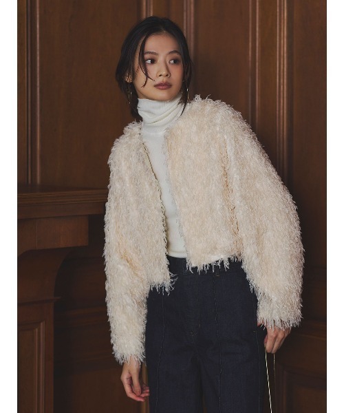 anuans（アニュアンス）の「ファンシーフェザーコンパクトカーデジャケット（テーラードジャケット・レディース・アイボリー/モカ・SMALL/MEDIUM）」の4枚目の写真