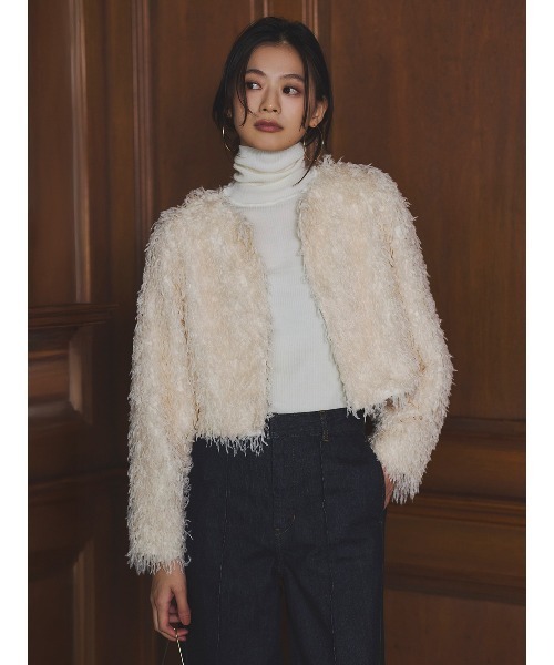 anuans（アニュアンス）の「ファンシーフェザーコンパクトカーデジャケット（テーラードジャケット・レディース・アイボリー/モカ・SMALL/MEDIUM）」の5枚目の写真