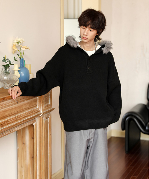 neos Loose Sleeve Ette — фейк-фур кардиган с капюшоном, парка пуловер