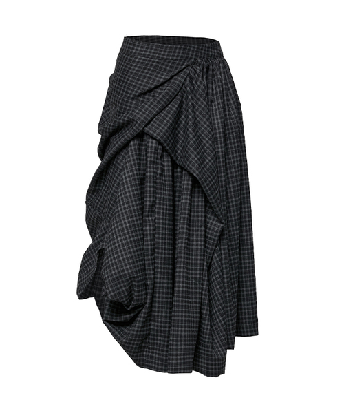 Asymmetrical Draped Layered Long Skirt (FL-256_Preppy Checked)