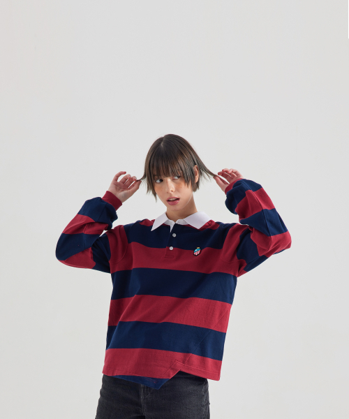 OWURA(オウラ)の「アンバランスラグビーTシャツ_ネイビーバーガンディ(Tシャツ/カットソー・レディース・その他・1/2)」の1枚目の写真
