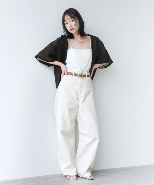 Yeoun(ヨウン)の「フード付き半袖シアーシャツ(シャツ/ブラウス・レディース・ブラック/オフホワイト・M)」の12枚目の写真