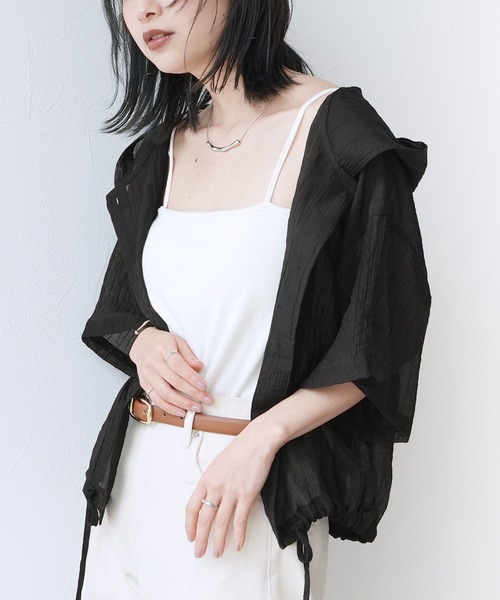 Yeoun(ヨウン)の「フード付き半袖シアーシャツ(シャツ/ブラウス・レディース・ブラック/オフホワイト・M)」の14枚目の写真