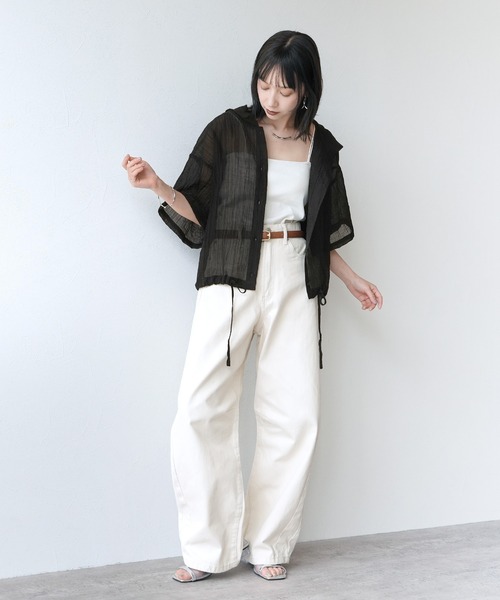 Yeoun(ヨウン)の「フード付き半袖シアーシャツ(シャツ/ブラウス・レディース・ブラック/オフホワイト・M)」の15枚目の写真