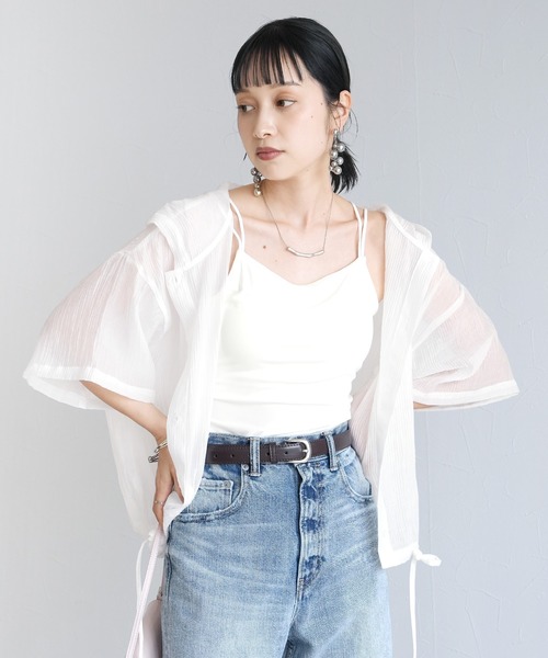 Yeoun(ヨウン)の「フード付き半袖シアーシャツ(シャツ/ブラウス・レディース・ブラック/オフホワイト・M)」の4枚目の写真
