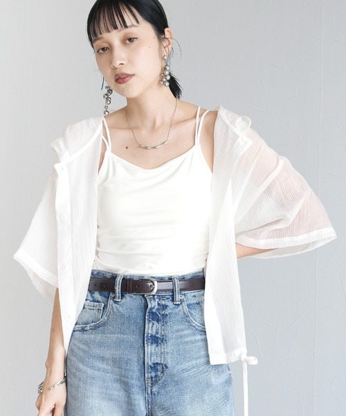 Yeoun(ヨウン)の「フード付き半袖シアーシャツ(シャツ/ブラウス・レディース・ブラック/オフホワイト・M)」の7枚目の写真