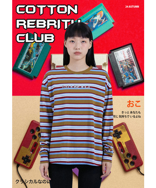 COTTONREBIRTHCLUB(コットンリバースクラブ)の「スエードアートワークストライプTシャツ(カーキ)(Tシャツ/カットソー・レディース・カーキ・ONESIZE)」の4枚目の写真