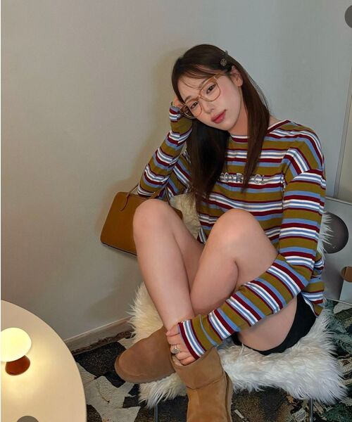 COTTONREBIRTHCLUB(コットンリバースクラブ)の「スエードアートワークストライプTシャツ(カーキ)(Tシャツ/カットソー・レディース・カーキ・ONESIZE)」の6枚目の写真