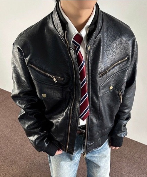 FreeZone(フリーゾーン)の「スタンドカラーレザーブルゾン(ブルゾン・メンズ・ブラック・F)」の5枚目の写真