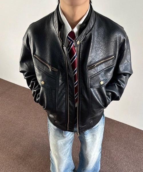 FreeZone(フリーゾーン)の「スタンドカラーレザーブルゾン(ブルゾン・メンズ・ブラック・F)」の6枚目の写真