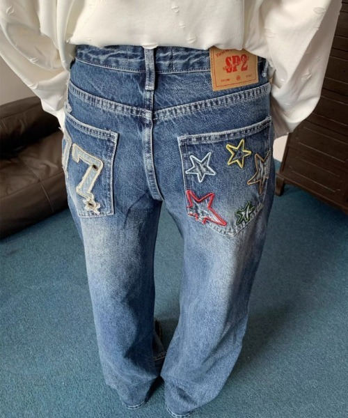 center i(センターアイ)の「スター&ナンバーモチーフデニムパンツ(デニムパンツ・レディース・ブルー・S/M/XS)」の1枚目の写真