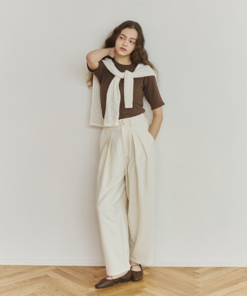 OLUN(オルン)の「pointelle knit top/針抜きニットトップス(ニット/セーター・レディース・マスタード/アイボリー/グリーン/ブラウン/ベージュ・FREE)」の17枚目の写真