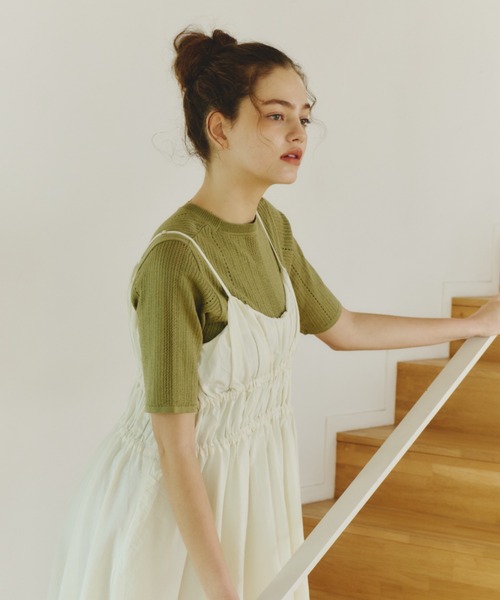 OLUN(オルン)の「pointelle knit top/針抜きニットトップス(ニット/セーター・レディース・マスタード/アイボリー/グリーン/ブラウン/ベージュ・FREE)」の12枚目の写真