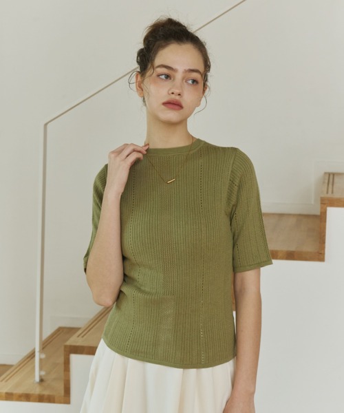 OLUN(オルン)の「pointelle knit top/針抜きニットトップス(ニット/セーター・レディース・マスタード/アイボリー/グリーン/ブラウン/ベージュ・FREE)」の11枚目の写真