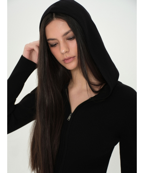 MUSINSA STANDARD WOMAN（ムシンサスタンダードウーマン）の「ウィメンズリブスリムフードパーカーニットジップアップ[ブラック]（ニット/セーター・レディース・その他・X-SMALL/SMALL/MEDIUM/LARGE）」の3枚目の写真