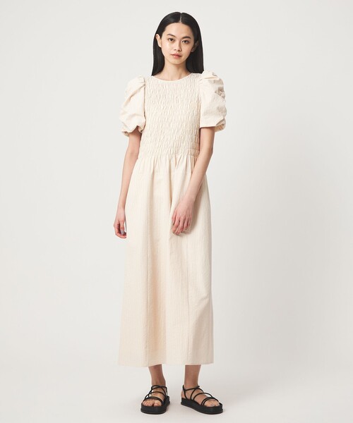 EMMEL REFINES(エメルリファインズ)の「<EMMEL REFINES>EM ストライプ シャーリング フレア ワンピース(ワンピース・レディース・ベージュ/ライトブルー・M/S)」の2枚目の写真