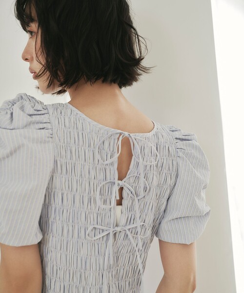 EMMEL REFINES(エメルリファインズ)の「<EMMEL REFINES>EM ストライプ シャーリング フレア ワンピース(ワンピース・レディース・ベージュ/ライトブルー・M/S)」の1枚目の写真