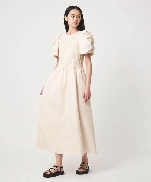 EMMEL REFINES(エメルリファインズ)の「<EMMEL REFINES>EM ストライプ シャーリング フレア ワンピース(ワンピース・レディース・ベージュ/ライトブルー・M/S)」の7枚目の写真