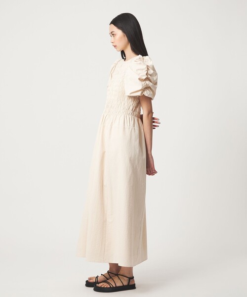 EMMEL REFINES(エメルリファインズ)の「<EMMEL REFINES>EM ストライプ シャーリング フレア ワンピース(ワンピース・レディース・ベージュ/ライトブルー・M/S)」の8枚目の写真