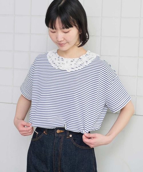 l'atelier du savon（アトリエドサボン）の「バテンレース襟のボーダーTシャツ（Tシャツ/カットソー・レディース・ブルー/ピンク/グリーン・FREE）」の3枚目の写真
