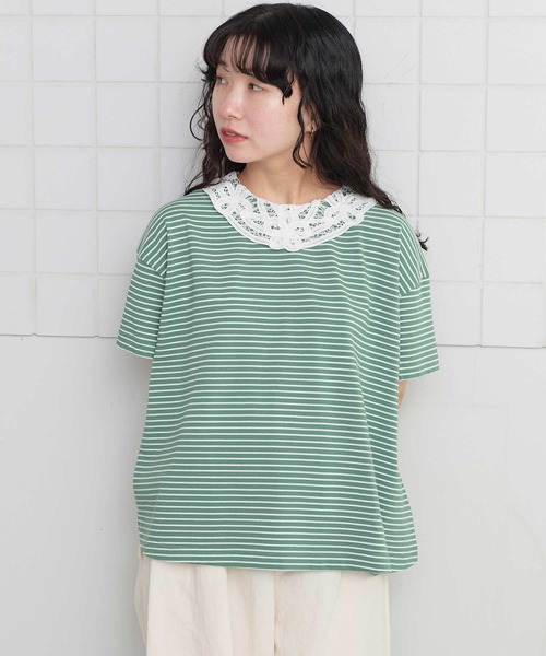 l'atelier du savon（アトリエドサボン）の「バテンレース襟のボーダーTシャツ（Tシャツ/カットソー・レディース・ブルー/ピンク/グリーン・FREE）」の2枚目の写真