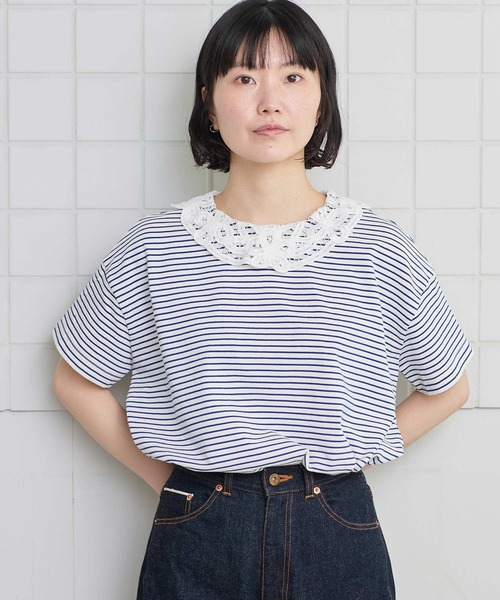 l'atelier du savon(アトリエドサボン)の「バテンレース襟のボーダーTシャツ(Tシャツ/カットソー・レディース・ブルー/ピンク/グリーン/アイボリー・FREE)」の5枚目の写真