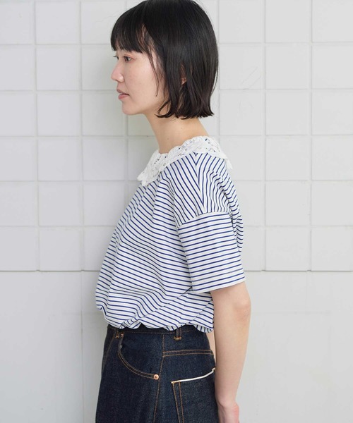 l'atelier du savon(アトリエドサボン)の「バテンレース襟のボーダーTシャツ(Tシャツ/カットソー・レディース・ブルー/ピンク/グリーン/アイボリー・FREE)」の6枚目の写真