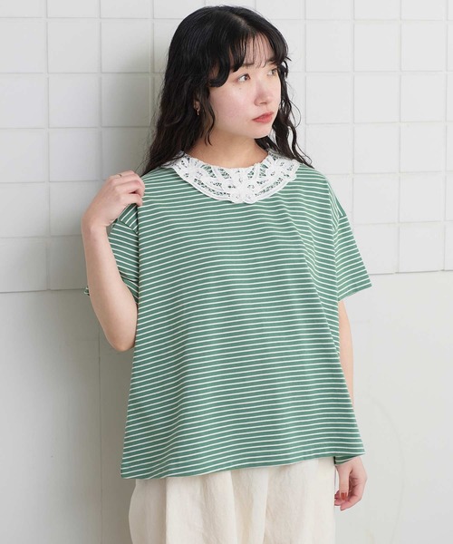 l'atelier du savon(アトリエドサボン)の「バテンレース襟のボーダーTシャツ(Tシャツ/カットソー・レディース・ブルー/ピンク/グリーン/アイボリー・FREE)」の22枚目の写真