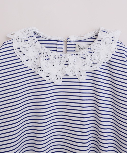 l'atelier du savon（アトリエドサボン）の「バテンレース襟のボーダーTシャツ（Tシャツ/カットソー・レディース・ブルー/ピンク/グリーン・FREE）」の5枚目の写真