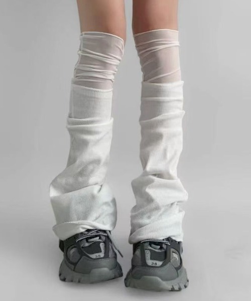 DimMoire ニット×シアーレッグウォーマー White WEGO/シアー切替デザインレッグカバー（レッグウォーマー）｜WEGO