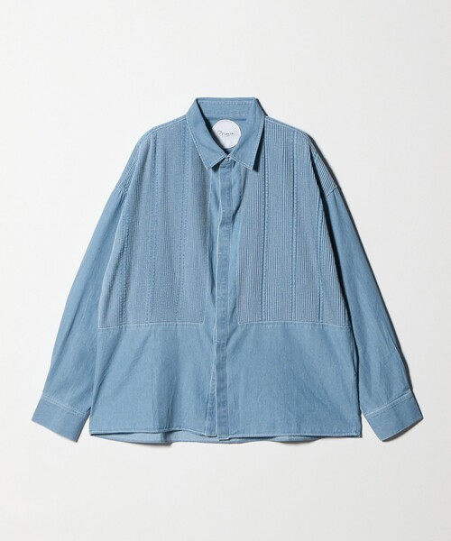 フィータ　Trinity グレーデニムシャツ　ピンタック　バンドカラー　五部袖 Pheeta＞Trinity デニムシャツ ‐UNISEX‐ /015CMen-SH5D（シャツ
